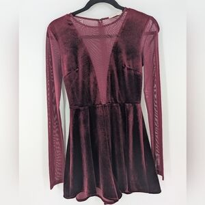 Victoria + Sophia Burgundy Velvet Mesh Long Sleeve Romper Small Whimsigoth